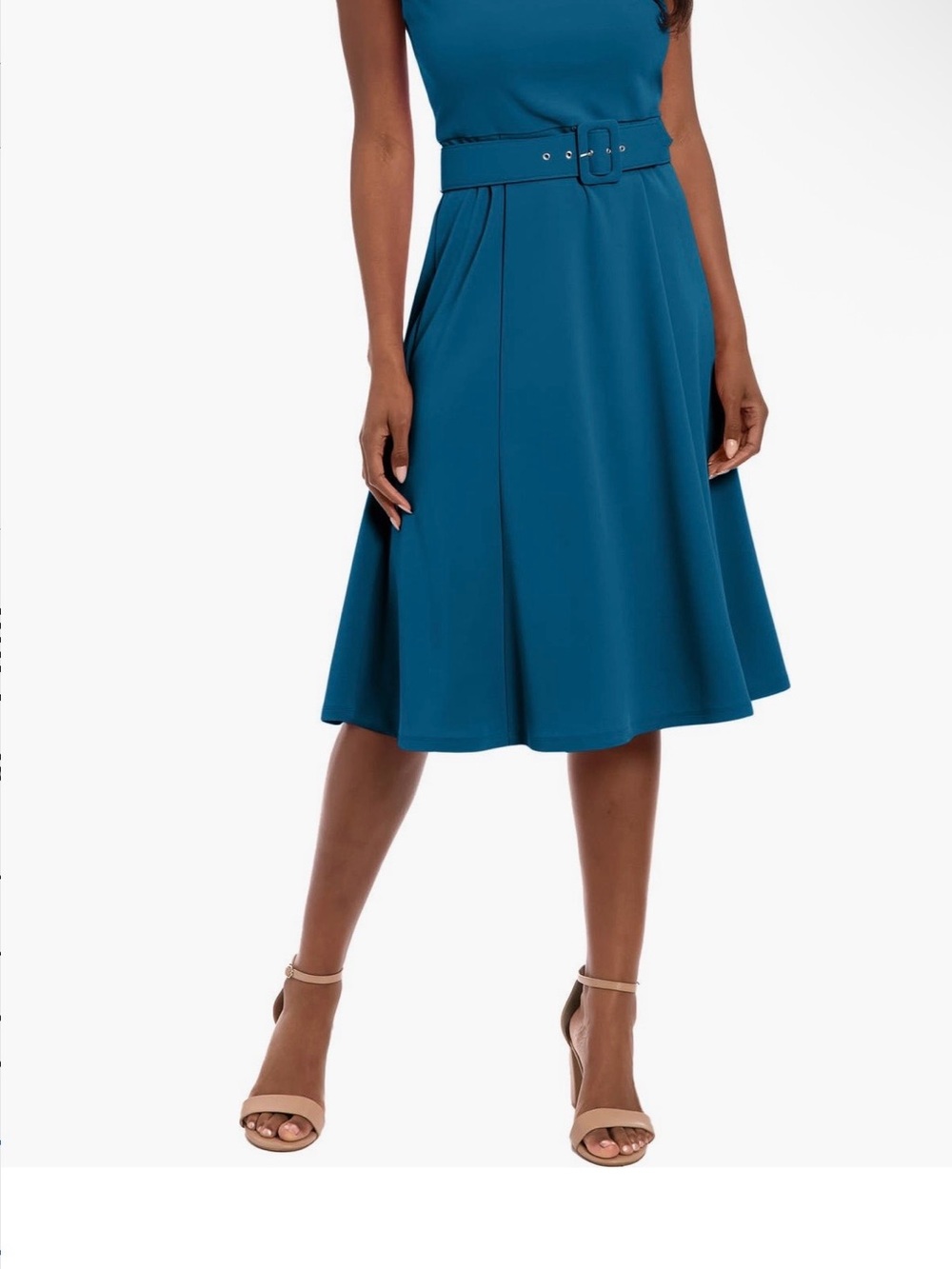 London Times Teal Belted A-Line Midi Dress